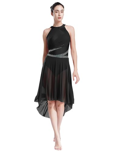 Freebily Damen Tanzkleid Lyrisch Ballettkleid Lang Ärmellos Glitzer Ballsaal Tango Kleid Swing High Low Rock mit Strass Zeitgenössische Tanzkostüme...