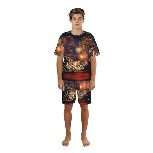 Pyjama court homme imprimé feux d'artifice en tissu léger pour l'été