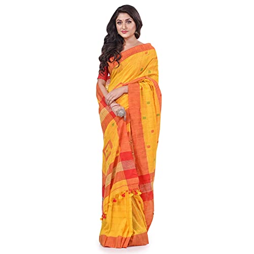 dB DESH BIDESH Women`s Bengal Handloom Pure Cotton Saree Kotki Design With Blouse Piece (Yellow Red)