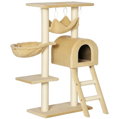 PawHut Albero Tiragraffi per Gatti Multilivello con Amaca e Casetta, Corde in Sisal Naturale, Beige, Altezza 98cm