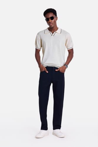 Image of SNITCH Men Polo T-Shirt | Textured Knit V-Neck with Tipping, Pullover Half Sleeve | 100% Cotton Breathable Luxe Knit Resort Wear Casual Top