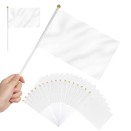 Weiße Mini-Flagge, 20 Stück Kleine Leere Handflaggen, Rein Weiße Fahne 21 x 14 cm, mit Stange und Speerspitze, Flagge selbst gestalten, für Sportveranstaltungen, Feierlichkeiten und Party
