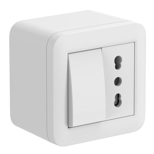 Electraline 60477 contenitore da superficie con presa bivalente e interruttore/deviatore FIXA 10A, bianco, IP40, compatibile per installazione con tubo rigido e canalina