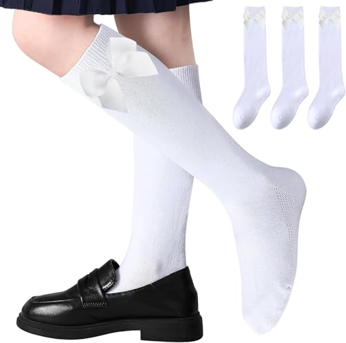 Calcetines Altos Escolares con Lazo para Niñas, Medias Largas de 78% Algodón para Uniforme y Deporte, 3 pares (FR/ES, Números, 32, 35, Blanco)