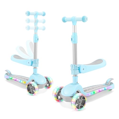 AODI Kids Scooter with Seat, 2 in 1 Kick Toddler Scooter with LED Light-Up Wheels and Light up Deck, 4 Adjustable Heights, Lean to Steer, 3 Wheels Scooter Suitable for Boys & Girls Ages 2-8 Years
