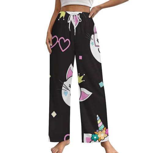 Pantalon de nuit femme chat licorne : bas de pyjama doux à poches vêtement taille S
