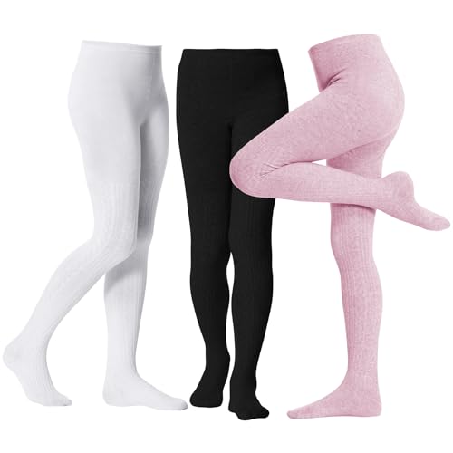 Image of Zando 3Pack Girls Tights Kids Cable Knit Cotton Winter Warm Leggings 4-12T | Footed Seamless Stockings for Girls, School Uniform and Daily Skirt Wear. Thick Warm Fabric with High Stretch
