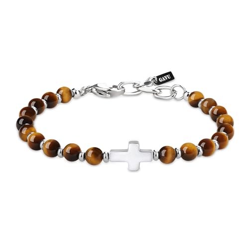 GAVU Bracelet Œil de Tigre Homme, Bracelet Croix Acier Inoxydable Homme, Cadeau Confirmation
