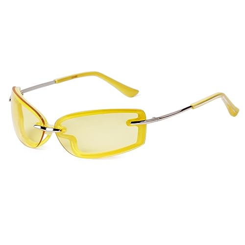 VIA LEECA Trendy Y2K Rectangle Sunglasses for Women Men Designer Wrap Around Rimless 90s Retro Sunglasses, yellow, Medium