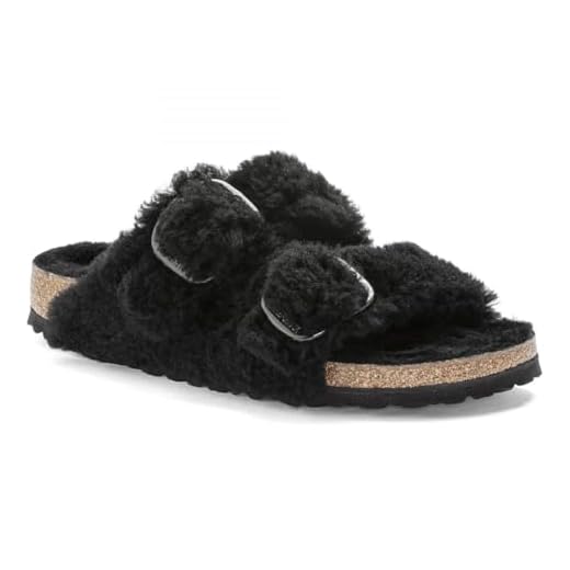 Birkenstock Women's Arizona Big Buckle Teddy Sandals, Black/Gold, 9 Medium US