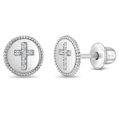 925 Sterling Silver Religious Cross Safety Screw Back Earrings For Young Girls and Preteens - Beautiful Cubic Zirconia Cross Earrings For A Child