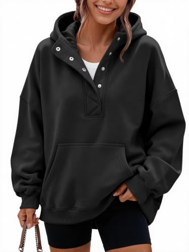 Trendy Queen Women's Oversized Fleece Hoodies Henley Sweatshirt Black