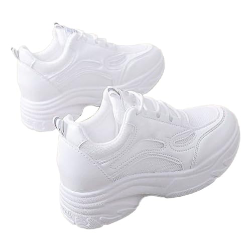 Baskets blanches pour femme - Avec talon - Respirantes - En cuir - Talon compensé - Chaussures de sport - Chaussures de loisirs - Support de la voûte...