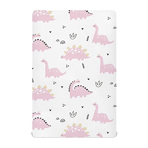 Image of KICPOAY Fitted Crib Sheets Baby Pink Dinosaurs Stretchy Portable Playard Sheets for Baby Toddler, Breathable Soft Mini Crib Mattress 52 x 28 in for Boys and Girls