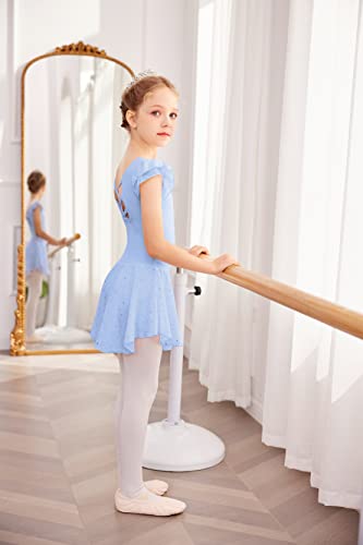 Arshiner Girls Shiny Ruffle Sleeve Ballet Leotard With Skirt Criss-Cross Back Dance Dresses Blue #TOP4