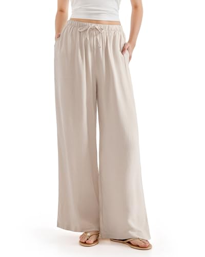 SUUKSESS Women Wide Leg Flowy Linen Pant with Pockets High Waisted Casual Lounge Palazzo Pant (Apricot, L)
