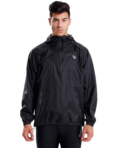baleaf Men's Light Running Hiking Rain Jacket Waterproof with Hood Windbreaker Pullover Coats Hoodie Packable Black Size M