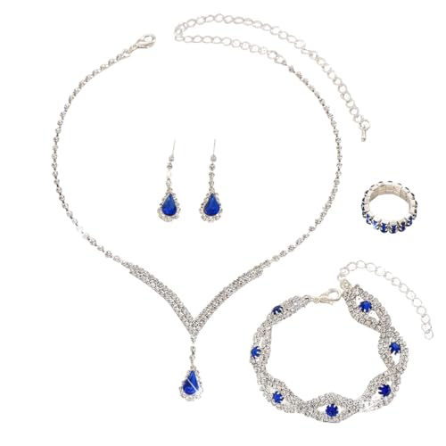 FDEETY Ensemble Bijoux Goutte Cristal Bleu Collier Boucles D'oreilles Bracelet Bague Strass Brillants Parure Élégante