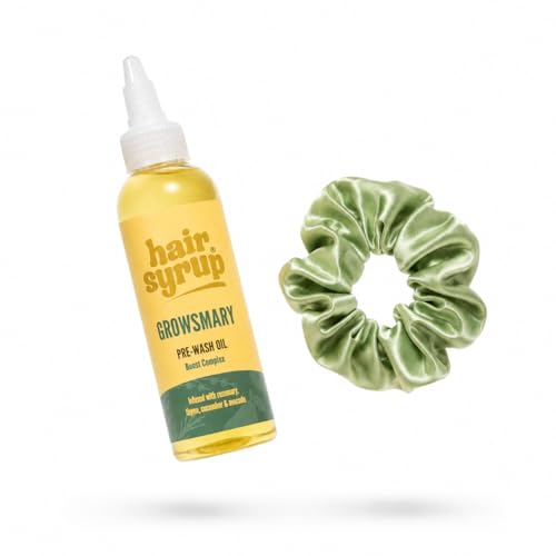Hair Syrup | Rosemary Pre-Wash Hair Oil with Scrunchie | Made with Rosemary Thyme Cucumber & Avocado | Nourish Your Scalp & Mind with Growsmary | Vegan | 100% Natural
