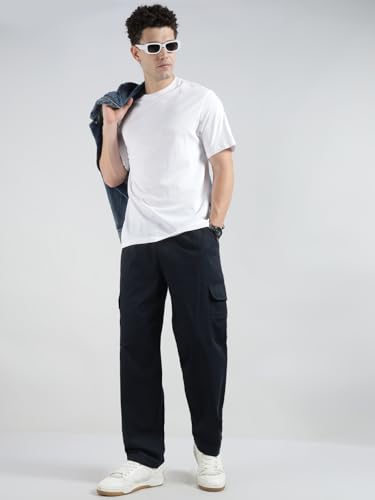 Image of Veirdo Pure Cotton Baggy Fit Regular Length Mid Rise 4 Pocket Cargos for Men (Colors: Black, Olive, Grey, Brown & Navy)