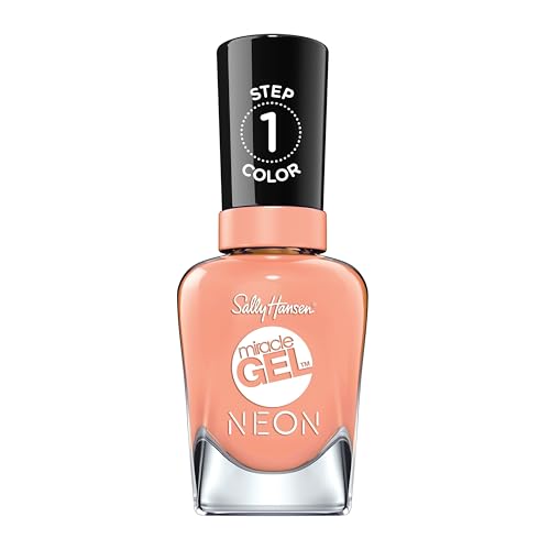 Sally Hansen Miracle Gel Neons Salon Quality Nail Polish | Gel-Like Formula, Two-Step System, No UV Light Needed, Long Lasting | Opaque | 51 Peach Please| Neon Peach Nail Color