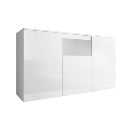 MB Muebles Bonitos, Buffet Nevada avec 3 Portes pour Salon et Salle à Manger, Meuble Moderne en Mélamine Brillante, Couleur Blanc, 140x82x40 cm