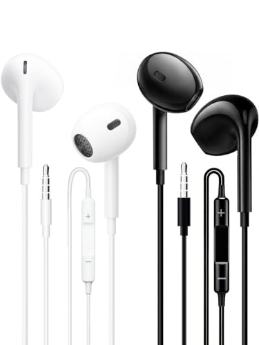 JYmusic 2 Pack Ecouteurs Filaire,Ecouteur Filaire Prise Jack,Ecouteurs Intra-Auriculaires Anti-Bruit Stéréo Jack 3.5mm (Noir + Blanc)