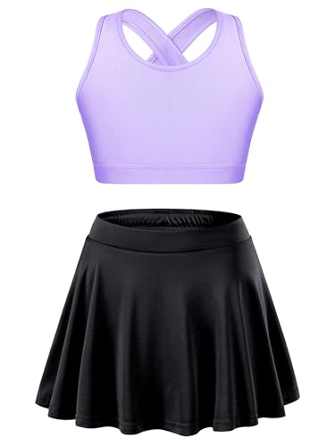 Kids Girls Plain Crop Top & Skater Skirt Set Tennis Golf Outfit 2 Piece Sport Training Tacksuit Set Activewear Lavender&Black 8 Years