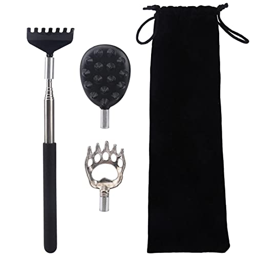 Ssiyiya Raspador telescópico nas costas, arranhador nas costas com 3 cabeças desmontáveis e bolsa de armazenamento para riscos, massajador de metal em aço inoxidável, prático arranhador nas costas