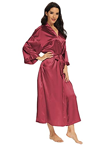 MizzGenio Women's Long Satin Robes Lightweight Long Silk Robes Full Lenth Sleepwear,Wine,S/M