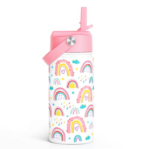 Rainbow Kids Water Bottle With Straw Lid 12oz Insulated Stainless Steel, Travel Tumbler, Gifts For Girls, Birthday, Christmas, Back To School