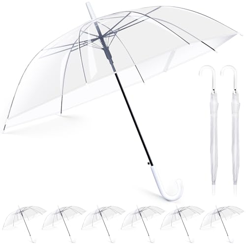 Hestya 8 Piezas Paraguas Blancos Transparentes para Boda 102cm Cúpula Transparente a Prueba de Viento Paraguas Semiautomático con Curvado Suministro Boda Unisex para Novia Dama de Honor Fiesta