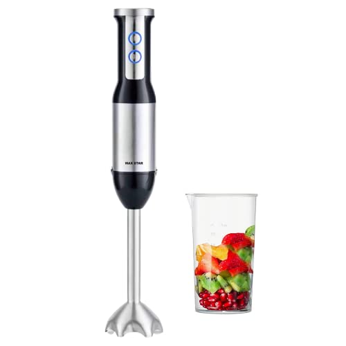 Max Star Batidora de Mano 2 Velocidades 600W Cuchillas de Acero Inoxidable Mango Ergonómica Batidora de Vaso 500ml Pie Desmontable Material de Acero Inoxidable LED Turbo Truturadora de Alimentos