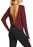 Mippo Long Sleeve Workout Tops for Women Open Back Shirts Yoga Top Athletic Shirt Sexy Backless Sweater Cute Work Out Clothes Wine Red S