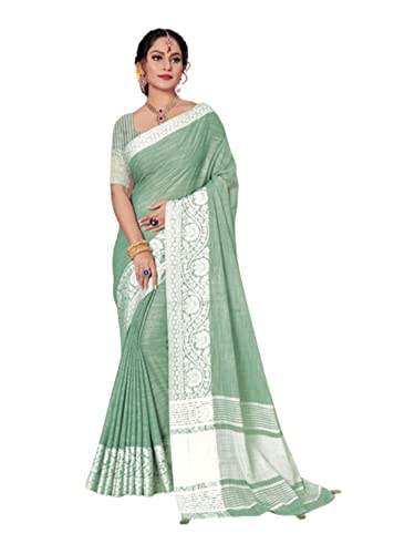 Sari indien en lin haut de gamme avec bordure tissée main 2764