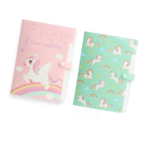 Image of A4 Paper File Folder with Button Lock - Unicorn Theme Expandable Document Holder | 6 Pocket Office & School Certificate File | Multicolor Random Design (Pack of 2)