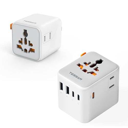 TESSAN Universal Travel Adapter with Dual AC Outlet Small Plug Adaptor and 65W GaN International Power Adapter with Extra 2 Prong AC Outlet, 2 USB A 3 USB C Ports (Type C G A I)