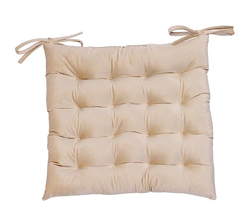 BQC Velvet Seat Pad 40x40 Cm Dining Chair Garden Kitchen Chair Velvet Cover Cushion with Tie 16 Stitch Comfortable Chair Pads with Filling (Pack Of 2, Beige)