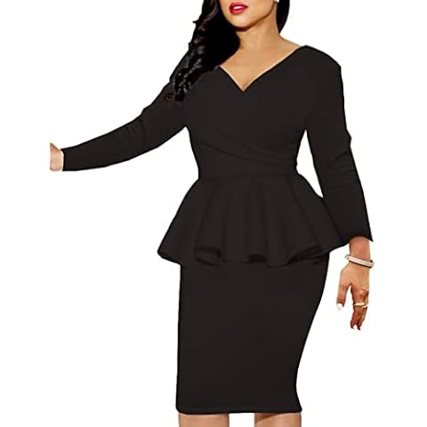 MAYFASEY Women's Fashion Peplum Bodycon Off Shoulder Wrap V Neck Ruffle Pencil Party Dress Business Formal Work Midi Dresses Black L Cover