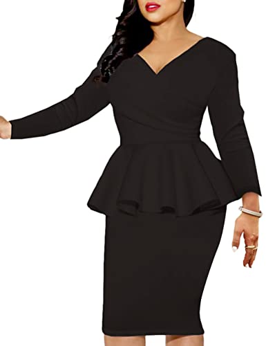 Image of MAYFASEY Church Dresses for Women Vintage Ruffle Peplum Wear to Work Office Business Cocktail Party Pencil Knee Dress