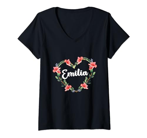 Emilia Flor Corazón Personalizado Nombre Emilia Camiseta Cuello V
