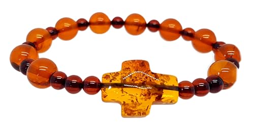 Religious Cross Stretch Rosary Amber Bracelet - Round Amber/Men Women Unisex Bracelet/Certified Baltic Amber, Medium