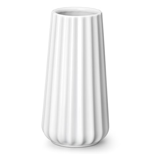 vancasso Ceramic Vase 7.8 Inch Modern Ribbed Glossy Decorative Vase Flower vase for Home Decor Living Room Bedroom Office Decor White