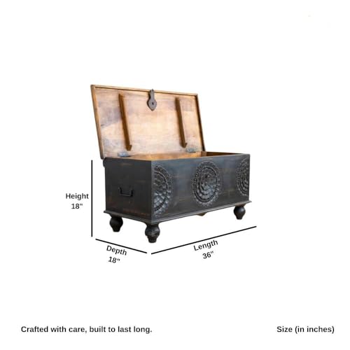 Image of Rafi Wooden Trunk Box for Storage | Solid Wood Coffee Table for Living Room | Center Coffee Table with Storage | Front Wooden Carved Sandook Pitara for Home Decor & Bedroom (Black Distress)