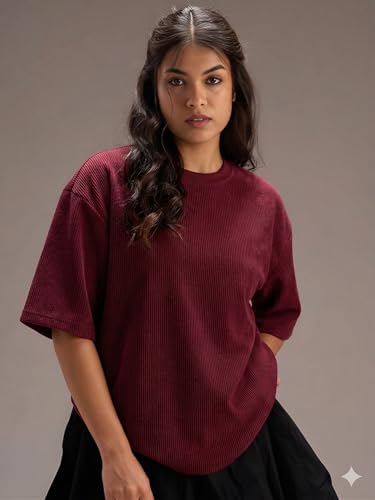 Image of RodZen Women Half Sleeve Polycotton Rib Textured Oversized Tshirt|Drop Shoulder|Loose Fit Tshirt|Stretchable