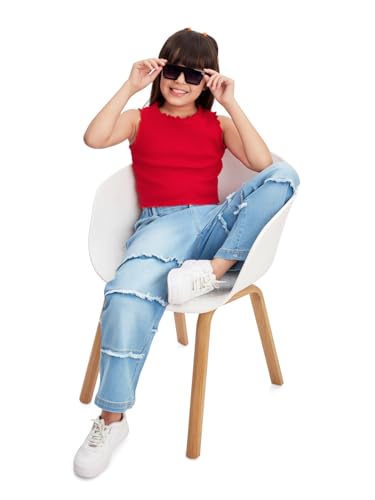Image of olele Girls Super Jeans Collection for 4-14 Yrs | Stretchable Cotton Denim Trousers | Blue Jeans for Kids | Baggy Denim Pants | Cargo Pants for Girls