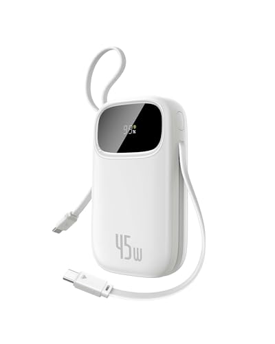 Baseus Powerbank 45W 20000mAh con 2 Cavi USB-C Integrati, Ricarica Rapida Power Bank PD3,0 QC4,0, 3 C 1 A, Caricatore Portatile per iPhone 16/15/14 Pro Max, iPad, Samsung, Bianco