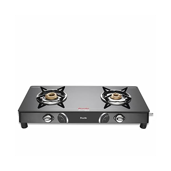 Preethi Blu Flame Gleam Glass Top 2-Burner Manual Gas Stove (Black) (ISI Certified), GTS102