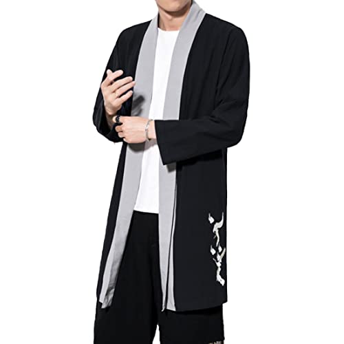 HZCX FASHION Men Kimono Coat Open Front Hanfu Embroidery Robe Long Cardigan Tops