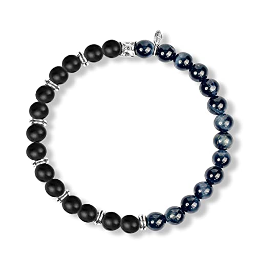 Karma And Luck - Balanced Perspective - Men's Real Matte Onyx Blue Tiger's Eye 925 Sterling Silver Beaded Stretch 7" Bracelet Handmade In Bali To Help You Release Your Fears #TOP13